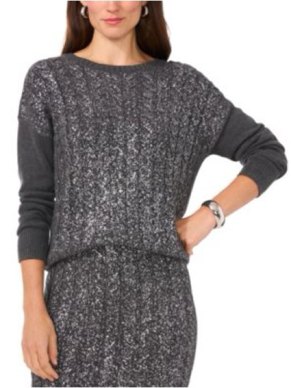 Vince Camuto Charcoal Gray Metallic Cable Crewneck Sweater